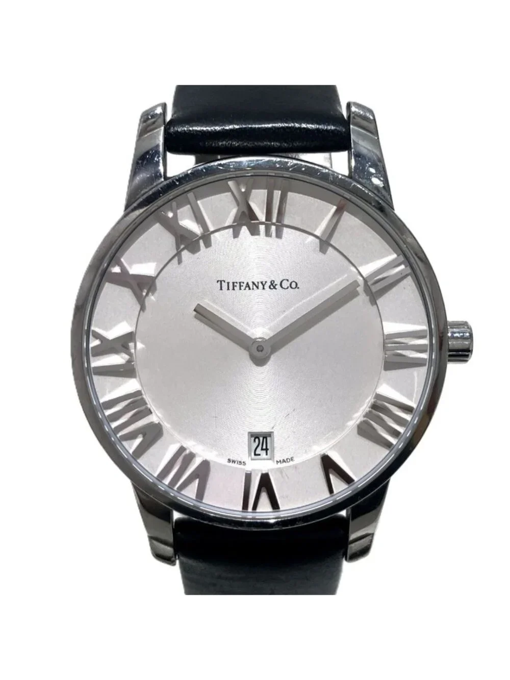 Tiffany & Co Atlas Dome Watch SS Leather Quartz Silver Dial